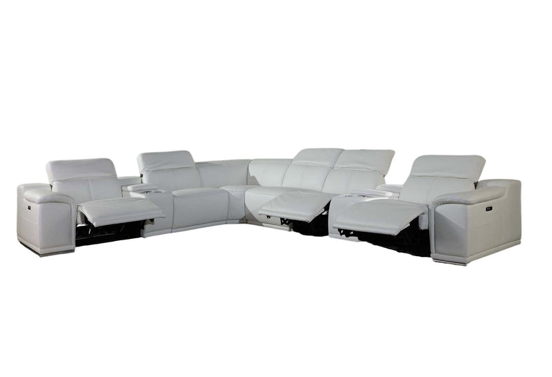 Italian Leather Power Reclining Eight Piece Corner Sectional With Console - White
