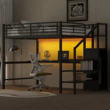 Load image into Gallery viewer, Full Size Loft Bed With Desk, Storage Staircase, Small Wardrobe And LED Light - Black
