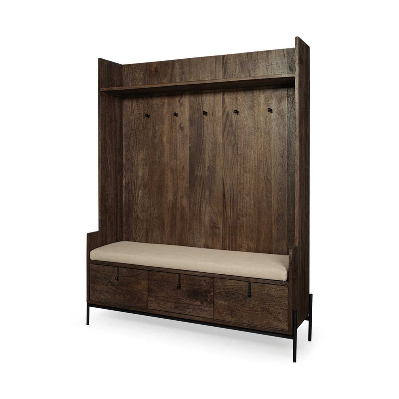Wood, Fabric Wrapped Seat Hall Tree With Storage - Brown
