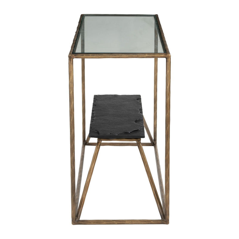 Stone And Glass And Iron Frame Console Table With Shelf - Clear / Brass