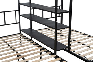 Metal Full over Twin Beds with Shelves/ Sturdy Metal Frame/ Noise-Free Wood Slats/ Comfortable Textilene Guardrail/ Bunk Bed for Three/ Built-in 3-Tier Shelves/ No Box Spring Needed