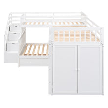 Load image into Gallery viewer, Twin-Twin over Full L-Shaped Bunk Bed With 3 Drawers, Portable Desk and Wardrobe, White
