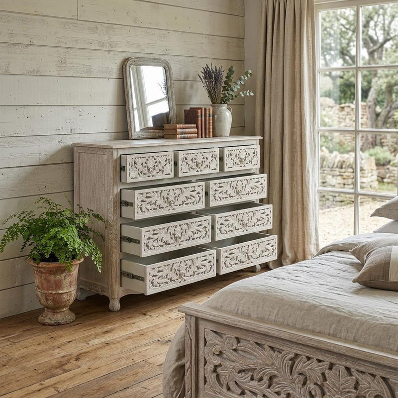 Carved Floral Solid Wood Nine Drawer Dresser - White