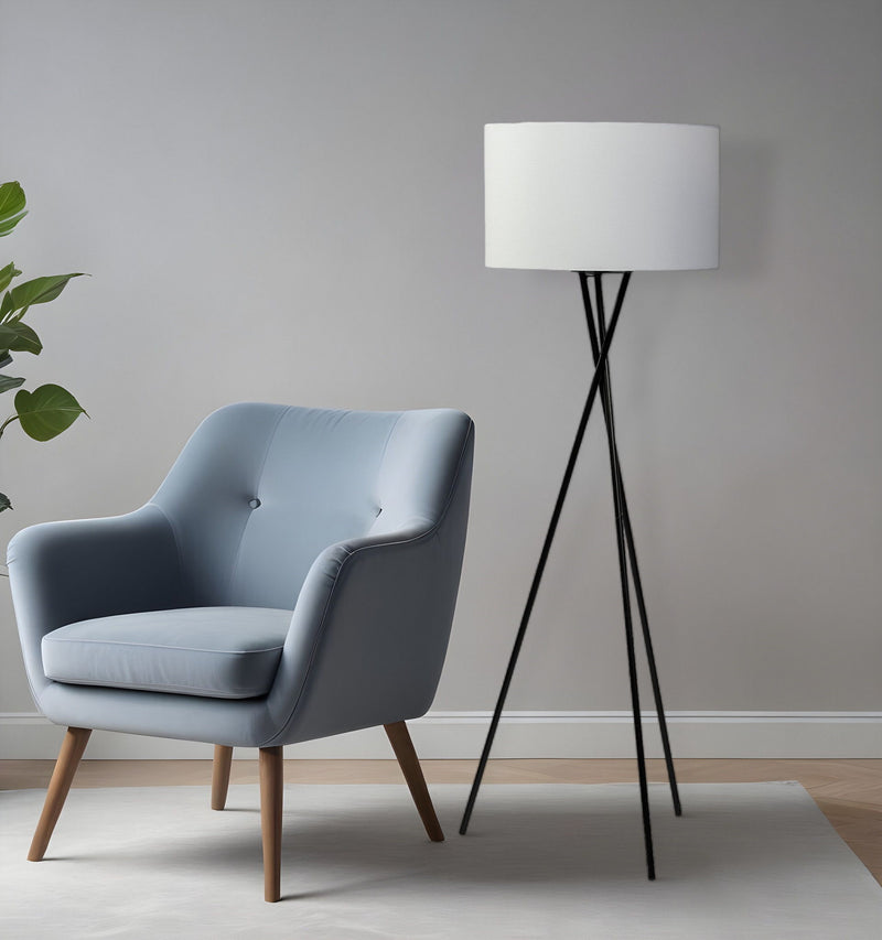 Tripod Floor Lamp With White Fabric Drum Shade - Black