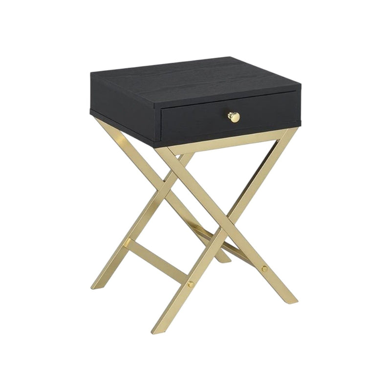 Solid Wood End Table With Drawer - Gold And Black