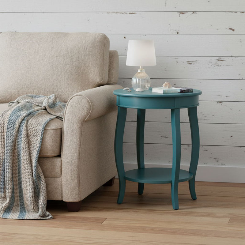 Solid Wood Round End Table With Shelf - Teal Blue