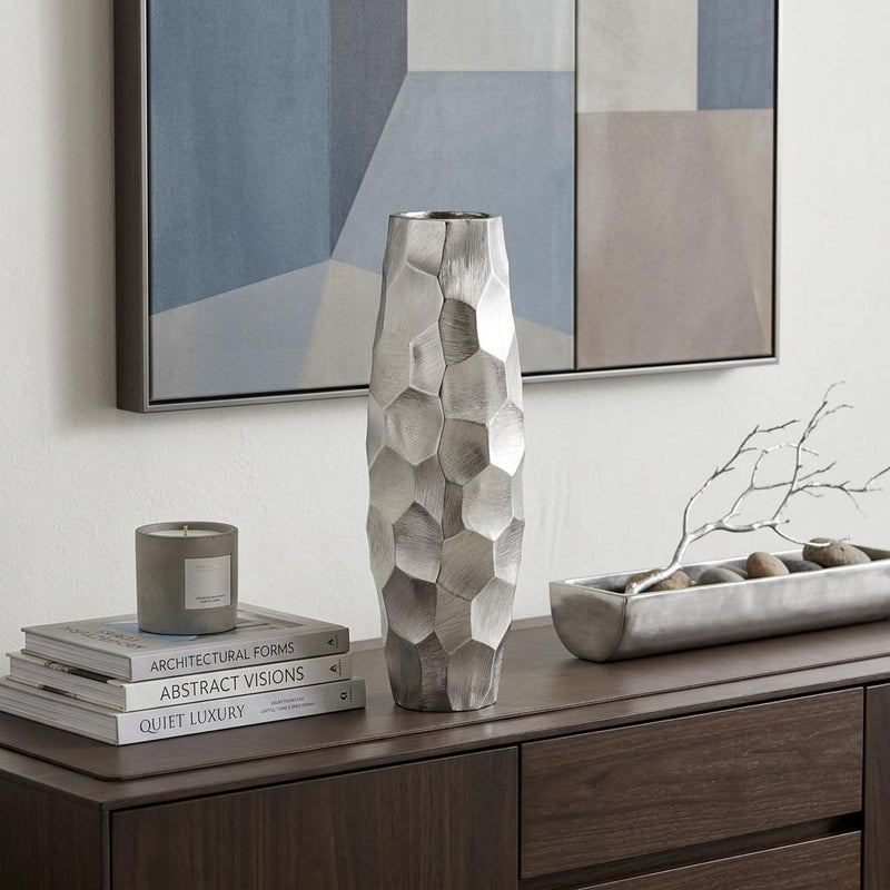 Faceted Geometric Cylinder Table Vase - Silver