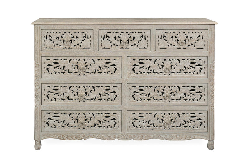 Carved Floral Solid Wood Nine Drawer Dresser - White