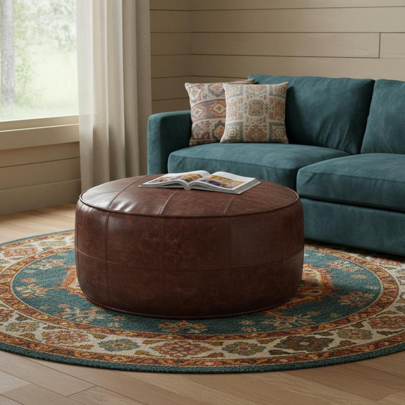 34" Leather Round Pouf Ottoman - Brown