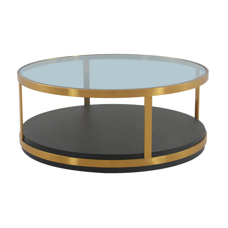 Glass Wood And Metal Round Coffee Table With Shelf - Clear Black And Gold