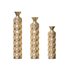 Load image into Gallery viewer, Metal Decorative Vase High Distress Metal Center Vase With 3D Triangle Pattern, (Set of 3) Vases For Home Decoration - Gold
