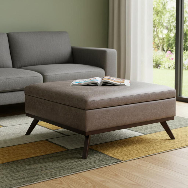 36" Leather Cocktail Ottoman With Storage - Gray / Brown