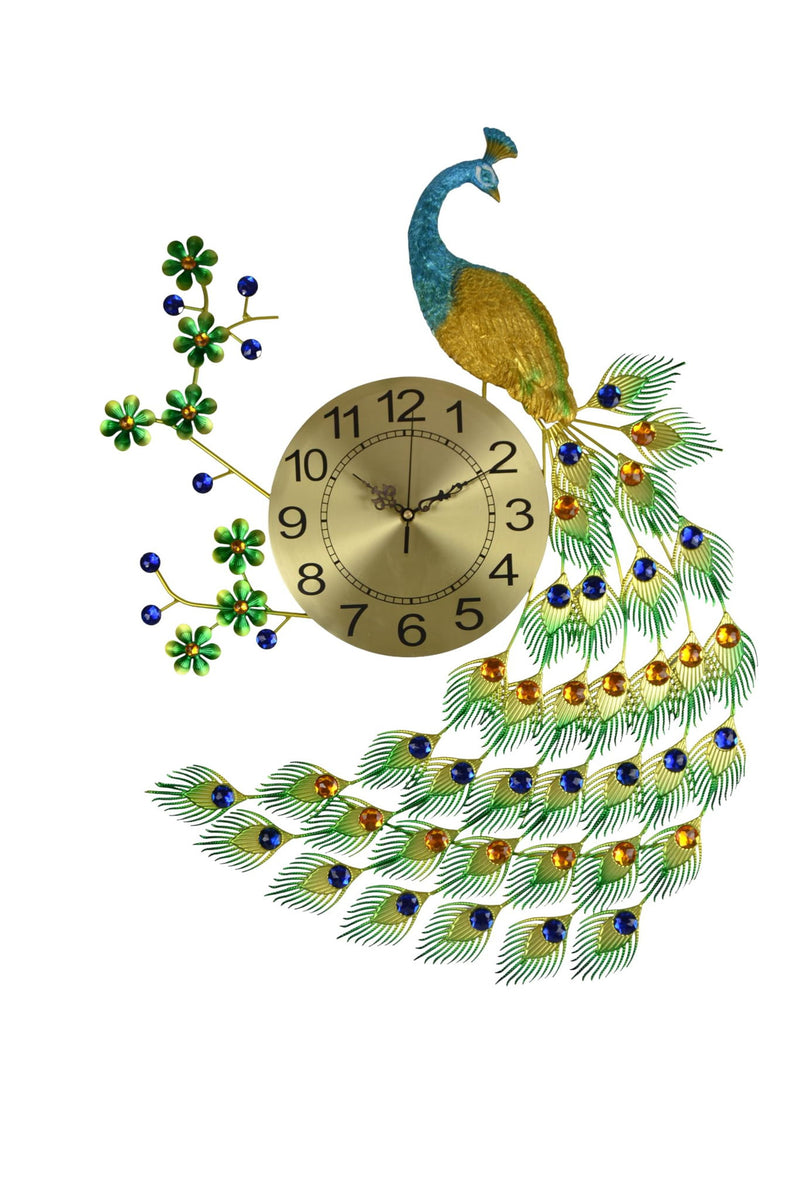 Silent Analog Peacock Novelty Wall Clock (626357) - Gold / Blue / Green