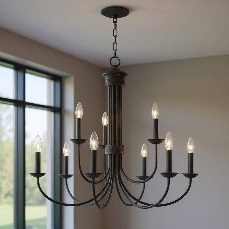 27" Nine Light Dimmable Chandelier With Shades - Bronze