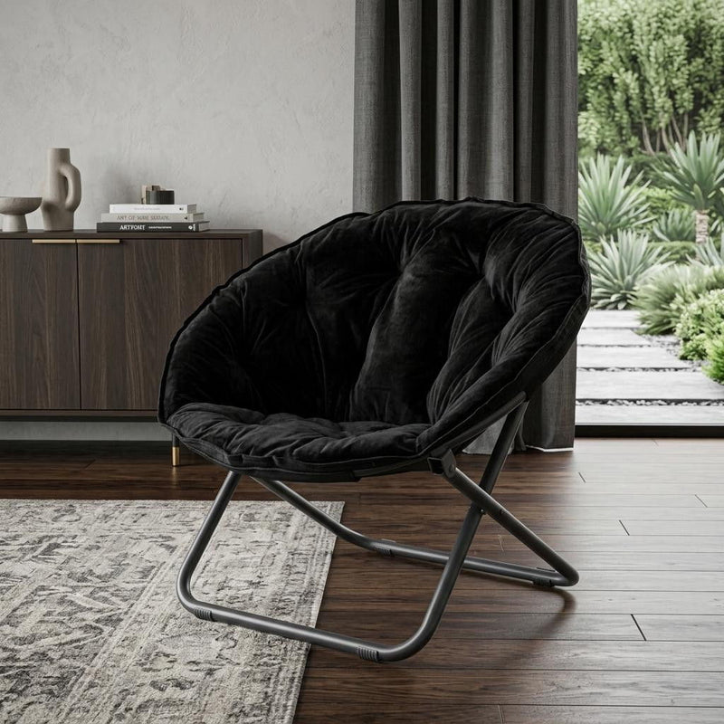 Tufted Faux Fur Folding Lounge Chair - Black