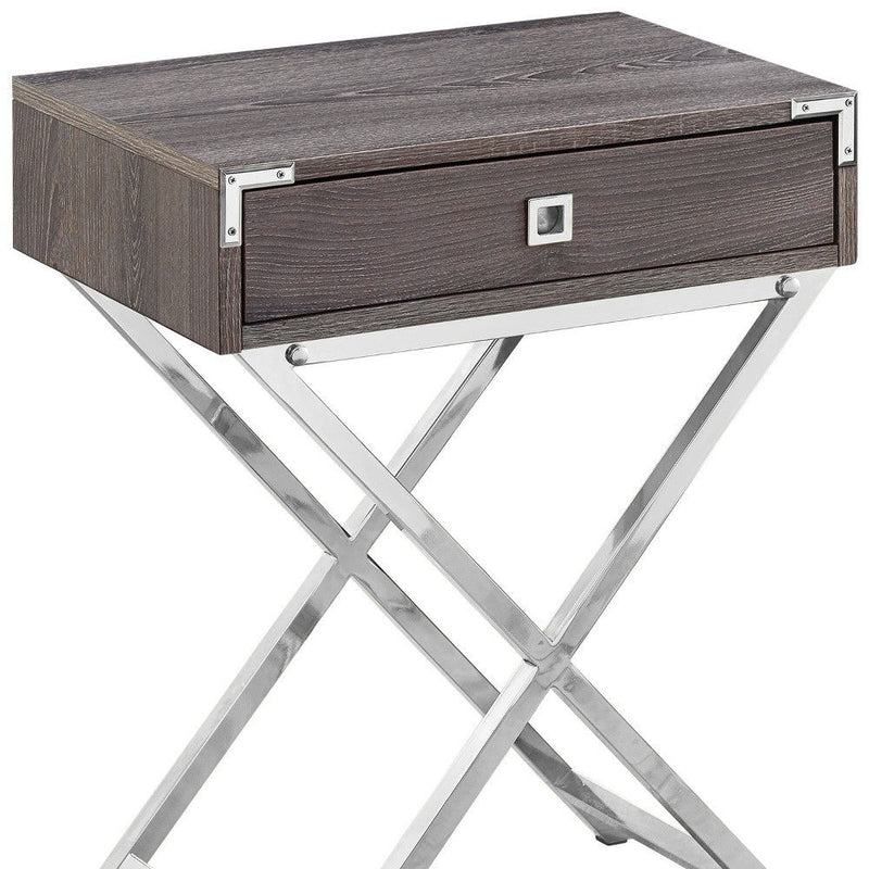 24" Taupe Wood And Metal End Table With Drawer - Silver And Deep