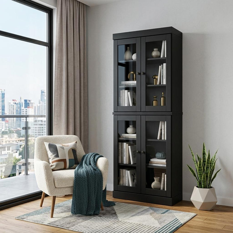 Solid Wood Adjustable Six Tier Library Bookcase With Four Doors - Black