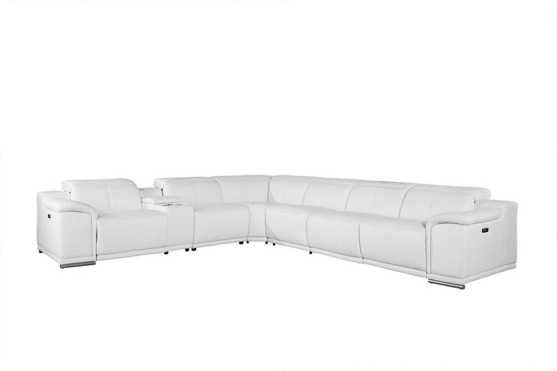 Italian Leather Power Reclining Seven Piece Corner Sectional With Console - White