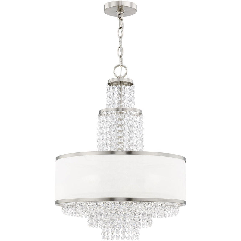 Five Light Metal Dimmable Chandelier With Shades - Nickel / Clear / Off White