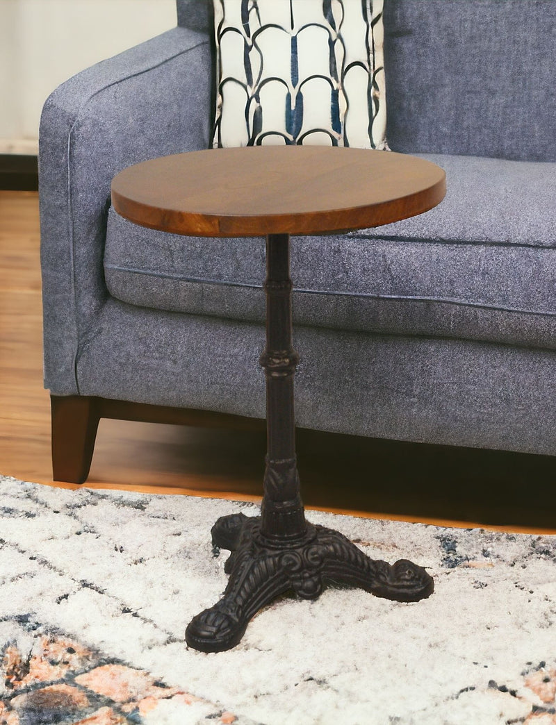 Solid Wood And Iron Round End Table - Black And Wood Brown