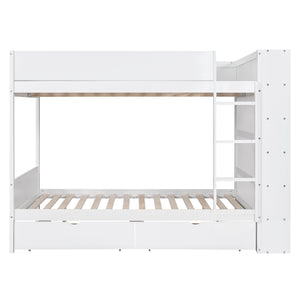 Full over Full Bunk Bed With 2 Drawers and Multi-layer Cabinet, White