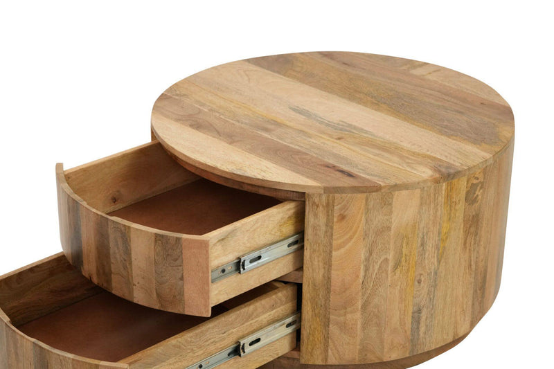 Round Drum Coffee Table With Two Drawers - Natural