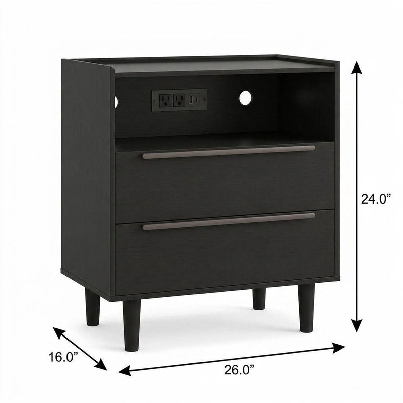 Wood Two Drawer Nightstand With USB Port And Integrated Tech (746970) - Black