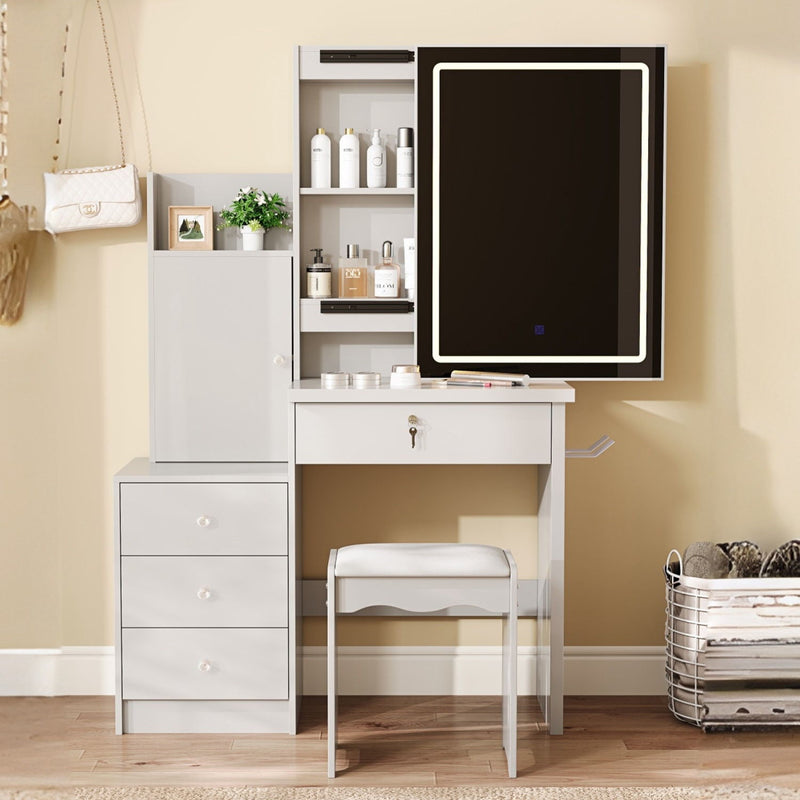 35" Wood Lighted Vanity 4 Drawer Dresser - White