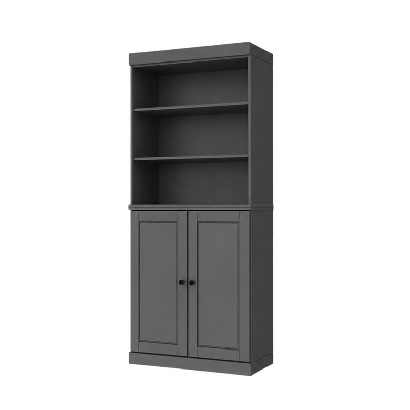Solid Wood Adjustable Six Tier Library Bookcase With Two Doors - Gray