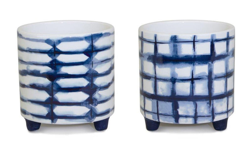 Round Footed Pot Planters (Set of 2) - Cobalt / White