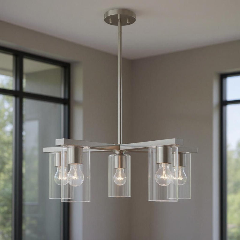 17" Five Light Dimmable Chandelier With Shades - Nickel