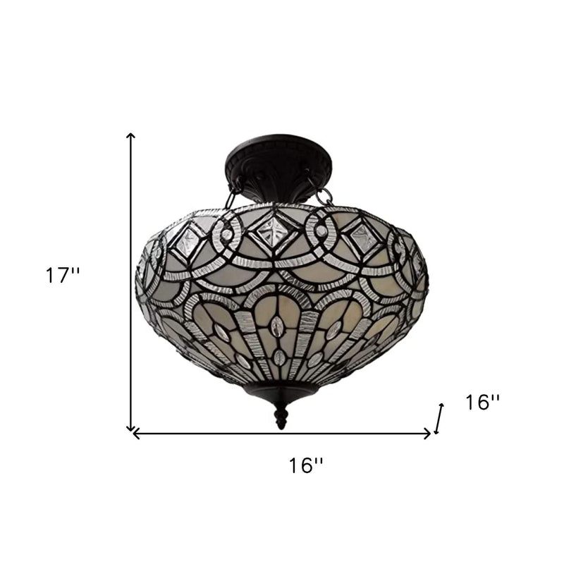 Tiffany Style Two Light Glass Dimmable Semi Flush Ceiling Light - Black / Gray