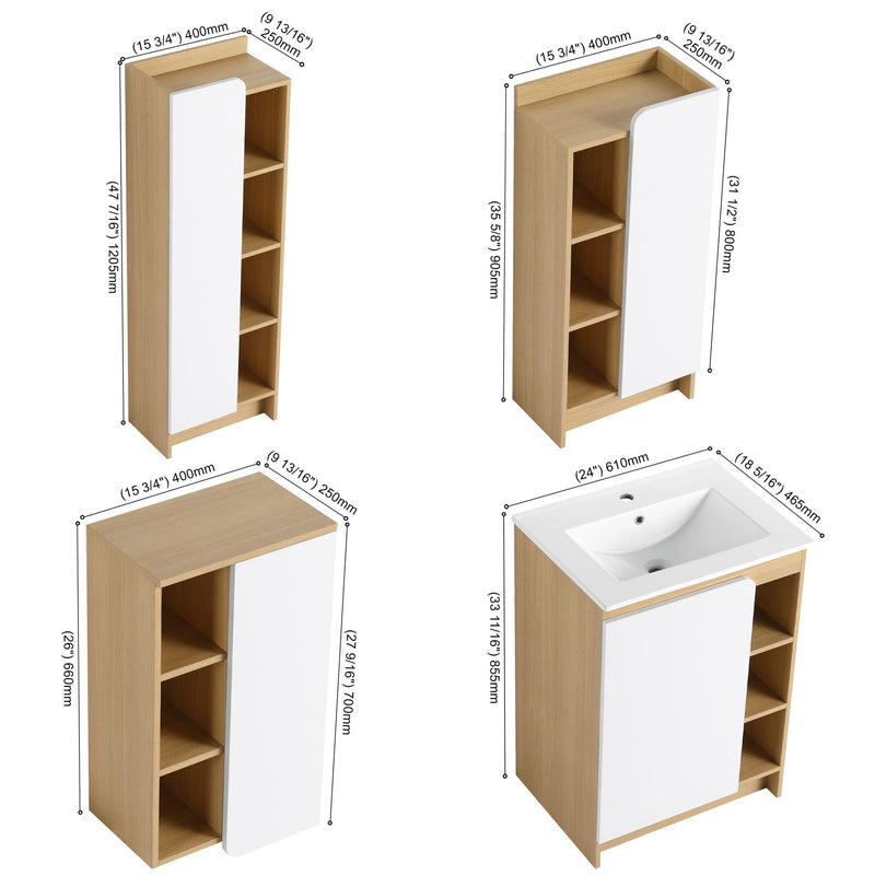4 Piece Bathroom Vanity Set With Sink, Vanity Combo With Storage Cabinets - Black / Light Oak / White