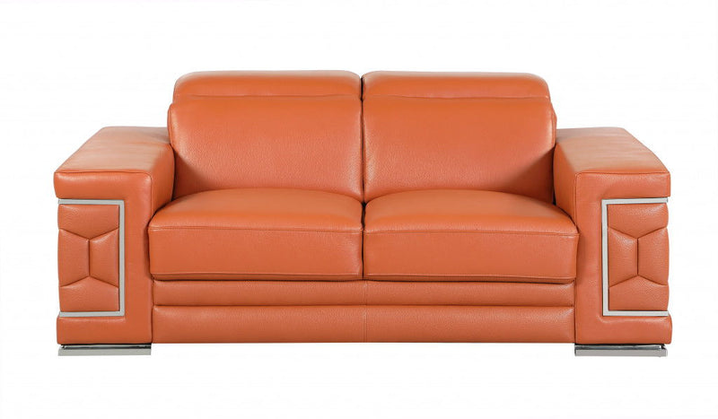 Genuine Leather Love Seat - Camel / Silver
