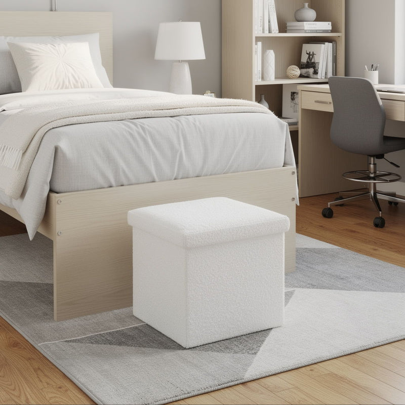 15" Boucle Cube Storage Ottoman - White