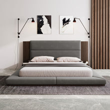 Load image into Gallery viewer, Floor Upholstered Platform Bed With Extended Headboard &amp; Bedside Shelf
