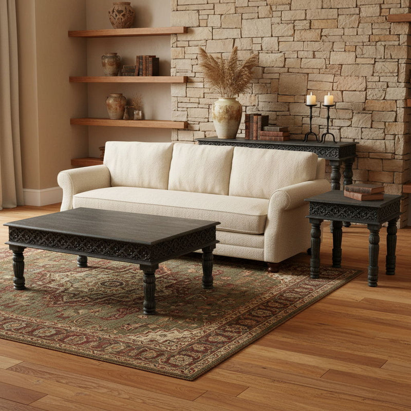 Solid Wood Distressed Coffee Table (Set of 3) - Black