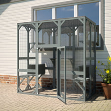 Load image into Gallery viewer, Outdoor Cat House Wooden Catio Enclosure With Cover - Large Cat Cage With Jump Platforms And Condos, Weatherproof - Gray

