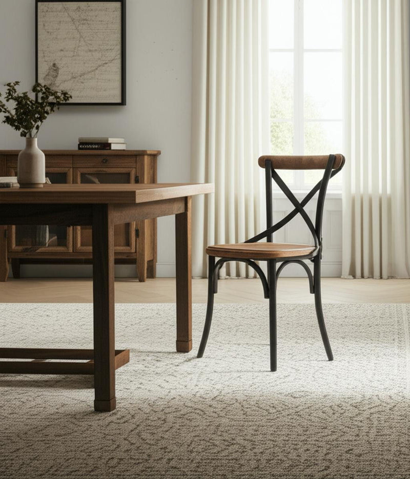 Solid Wood Iron Cross Back Dining Side Chair - Light Brown / Black