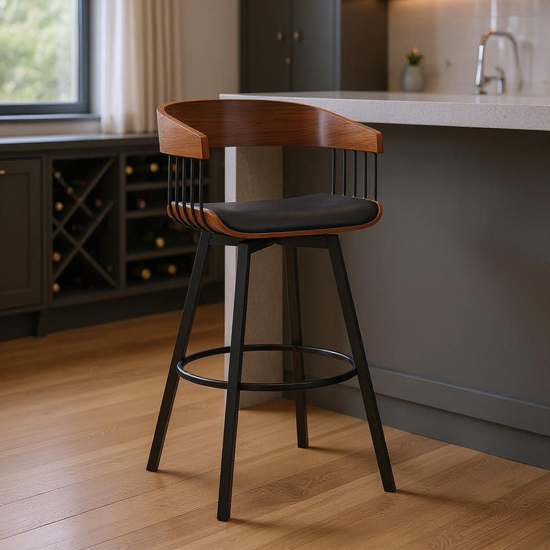 Faux Leather And Metal Swivel Bar Height Bar Chair - Black