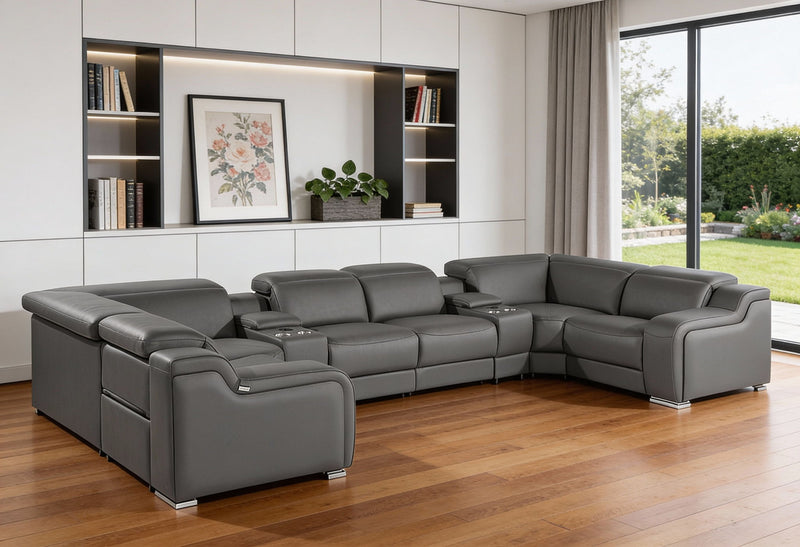 Italian Leather Power Reclining U-Shaped Eight Piece Corner Sectional With Console - Dark Gray