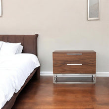 Load image into Gallery viewer, Contemporary Nightstand With Two Drawers - Walnut And Stainless Steel
