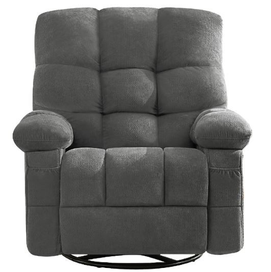 Tufted Chenille Heated Massage Swivel Rocker Recliner With USB - Gray