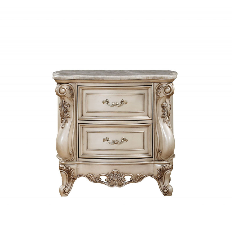 Two Drawers Mirrored Nightstand - Antiqued White