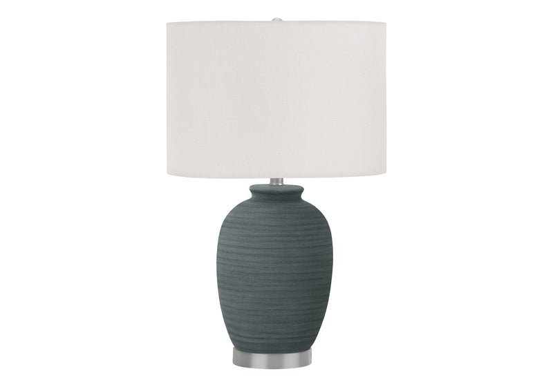 Ceramic Round Table Lamp With Ivory Drum Shade - Blue And Silver