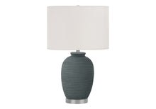 Load image into Gallery viewer, Ceramic Round Table Lamp With Ivory Drum Shade - Blue And Silver
