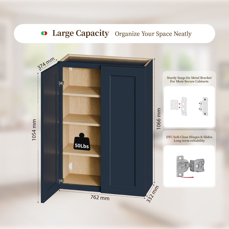 Shaker Wall Cabinet With Soft Close Hinges, Adjustable Shelves, Double Door