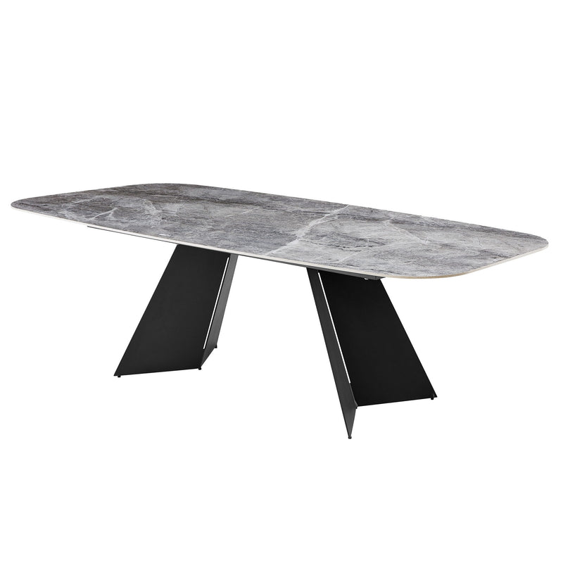 94" Faux Marble Ceramic And Steel Double Pedestal Base Dining Table - Gray