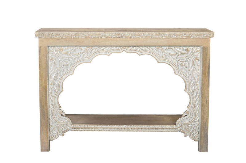 56" Solid Wood Distressed Console Table With Shelf - Natural And White