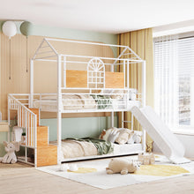 Load image into Gallery viewer, Twin Over Twin Metal Bunk Bed, Metal Housebed with Slide and Storage Stair, White with White Slide
